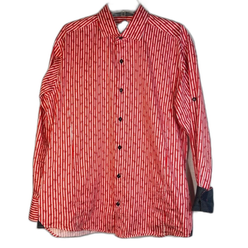 Bespoke Mens Striped Paisley Cotton Shirt Contrast Cuff Red Pinstripe Button Up